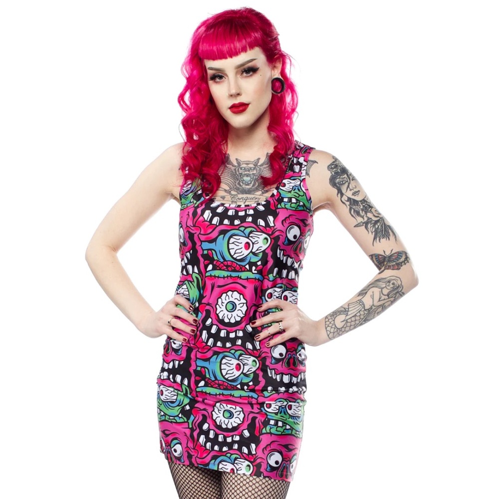 Sourpuss Hot Pink Graphic Skull Mini Dress